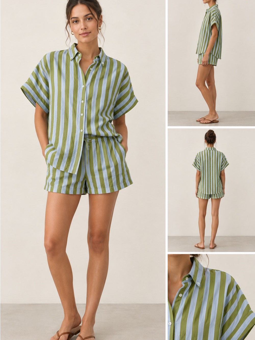 Zara Green and Blue Vertical Stripe Button-Down Shirt and matching shorts set
